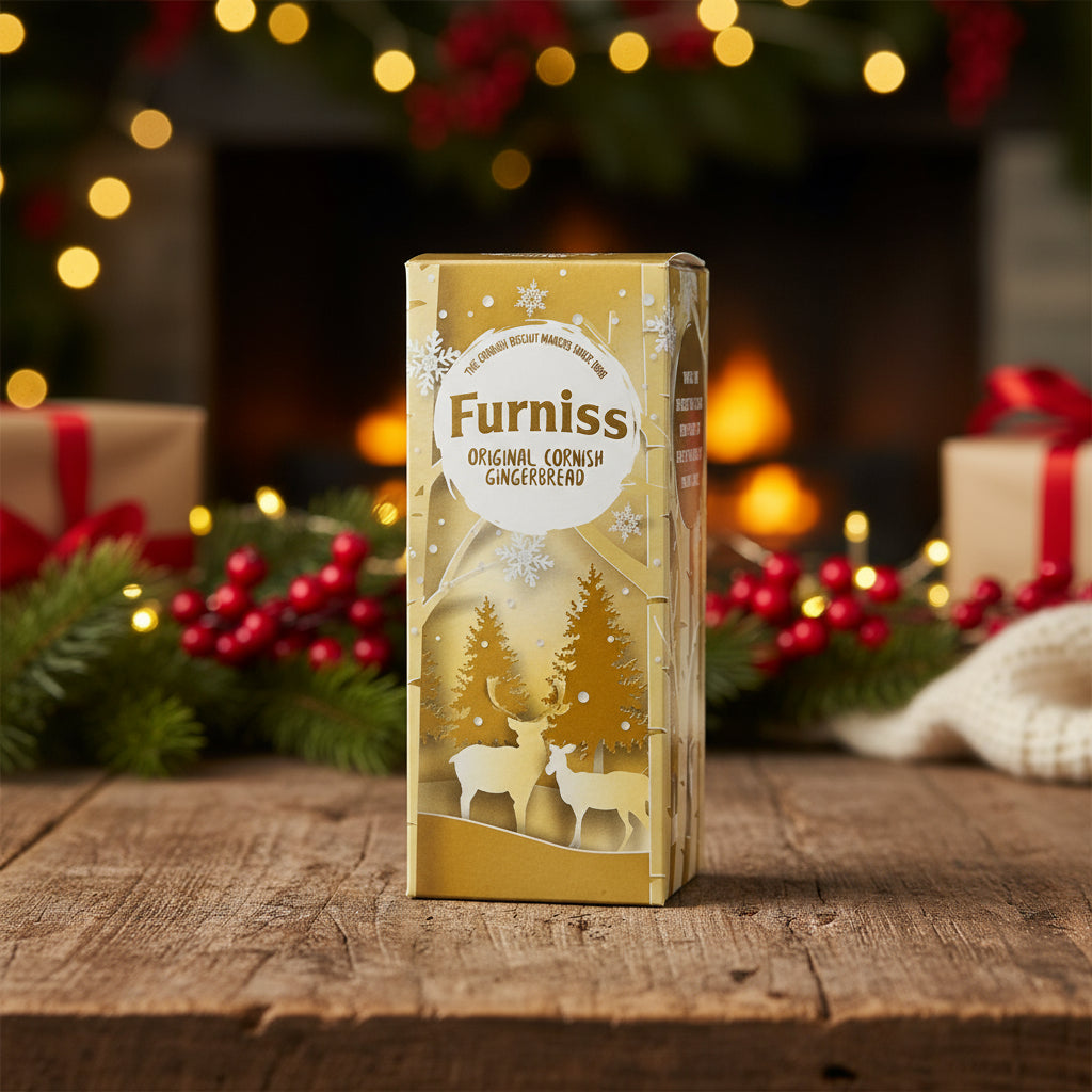 Furniss Original Cornish Gingerbread packaging with deer and Christmas tree design on a white background