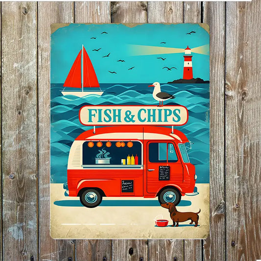 Camper Van Fish & Chip Shop At The Seaside - Metal Sign