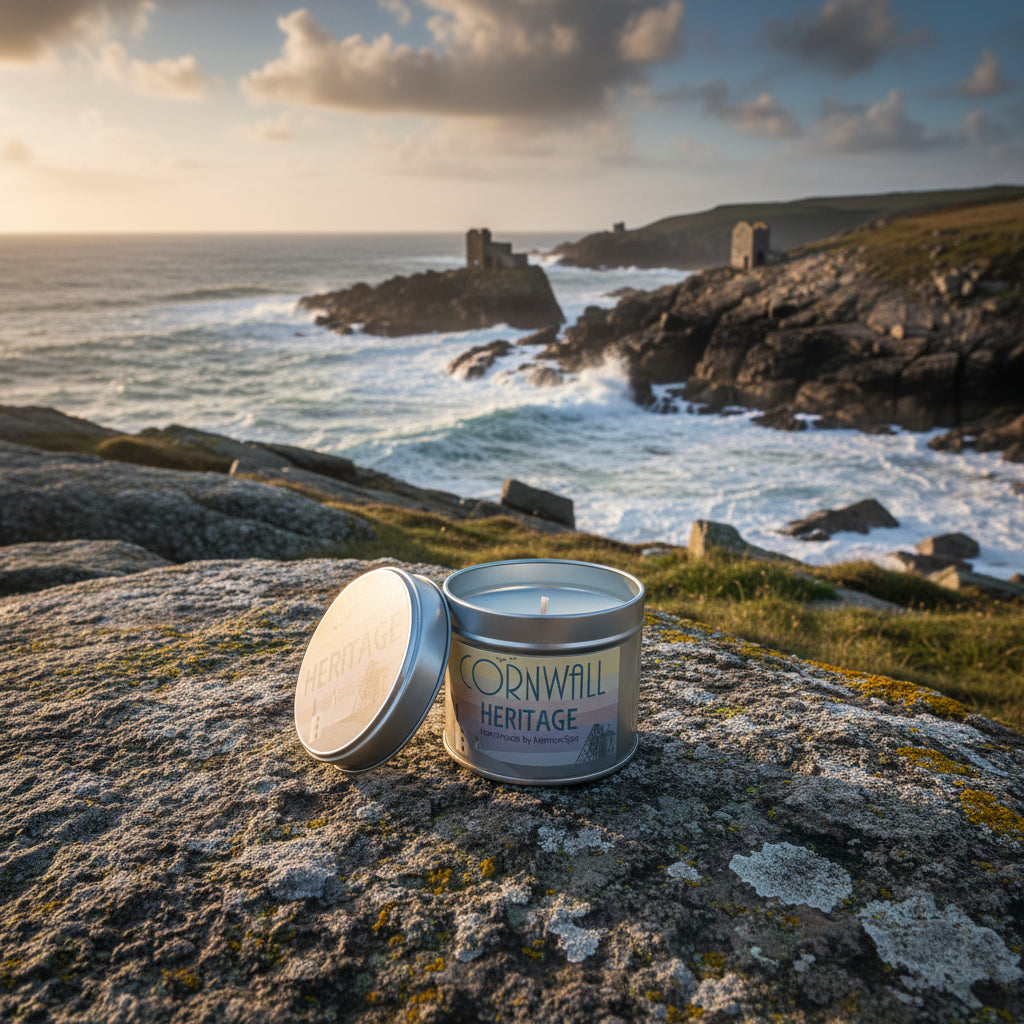 Candle in a tin labelled 'Cornwall Heritage' with the sea and Cornish cliffs in the background