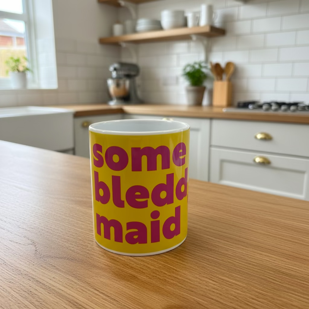 Yellow mug with pink text on a wooden surface in an indoor setting