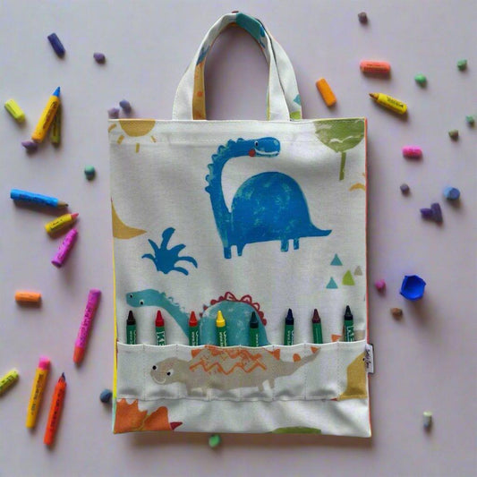 Dinosaurs Oilcloth Crayon and Colouring Book Bag - Cornish Gifts by Sandy Shores