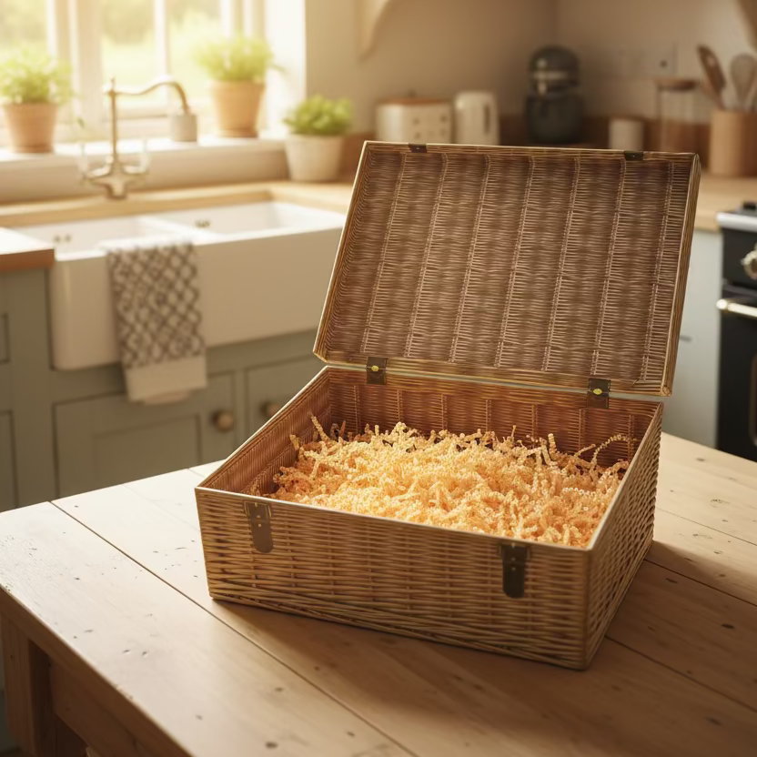 Wicker storage trunk with crumpled paper inside on a wooden surface