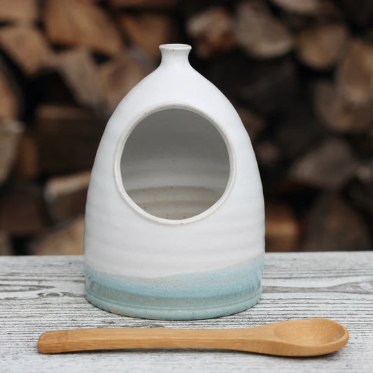 Handmade Ceramic Blue or White Glazed Salt Pig and Bamboo Spoon - Cornish Gifts by Sandy Shores