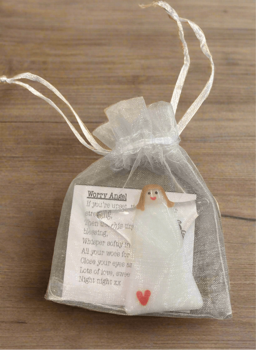 Handmade Fused Glass Worry Angel with Poem - White with Red Heart - Cornish Gifts by Sandy Shores