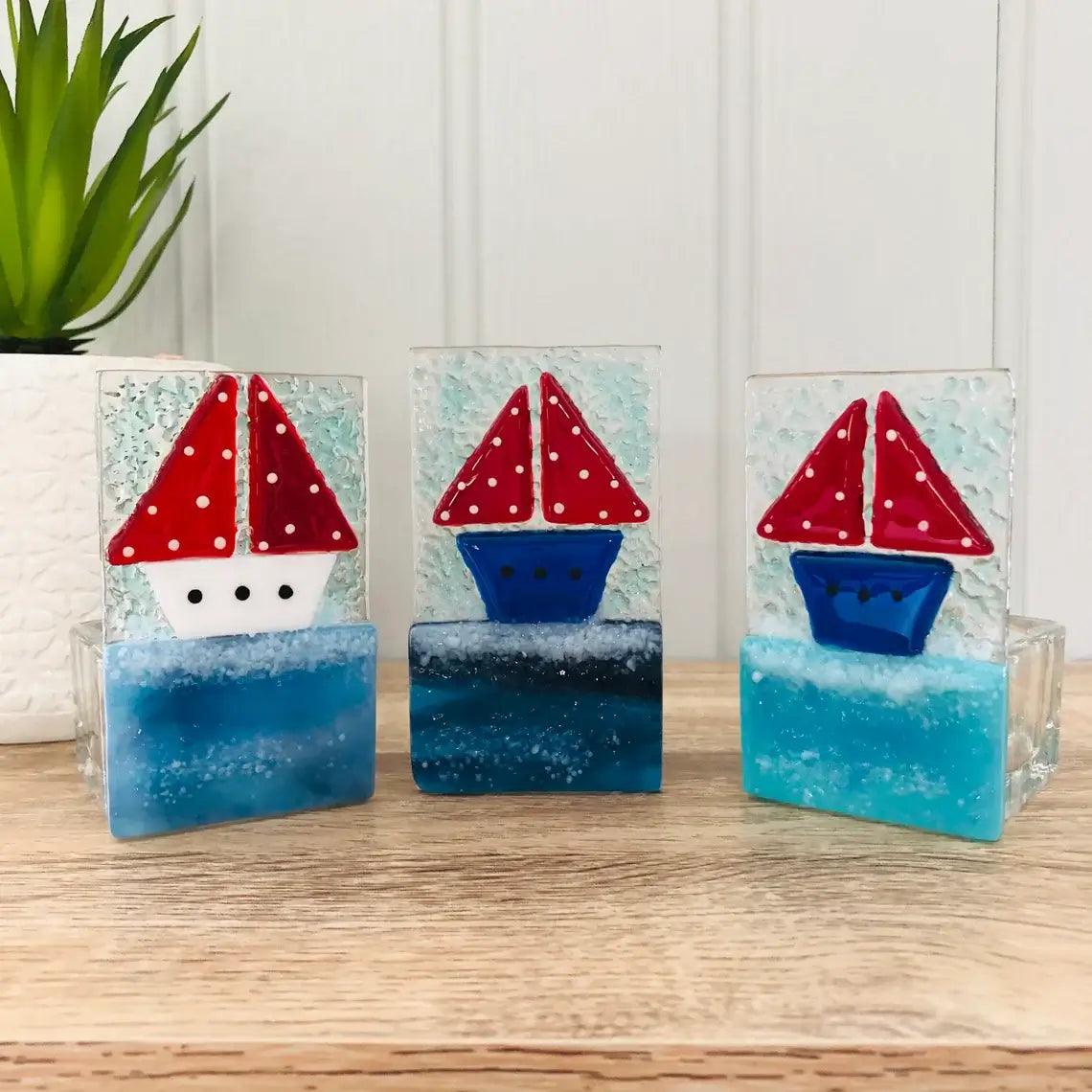 Handmade Sailing Boat Fused Glass Tealight Candle Holder - Cornish Gifts by Sandy Shores