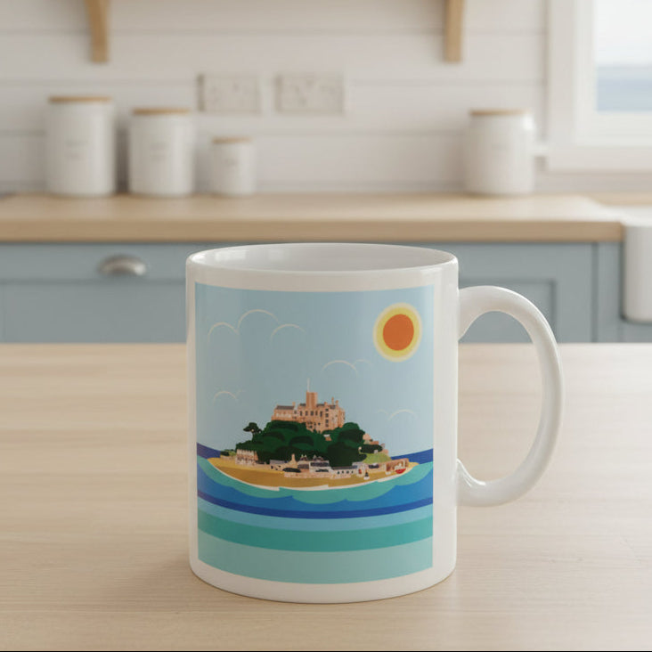 A white ceramic mug featuring a colorful illustration of a coastal island with a castle, beach, boats, and a bright sun.