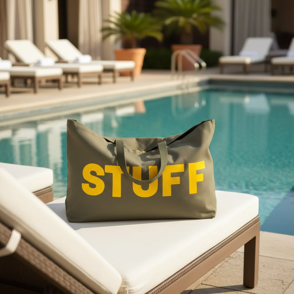 STUFF Olive Green with Yellow Writing Cotton Canvas Jumbo Bag - Cornish Gifts by Sandy Shores