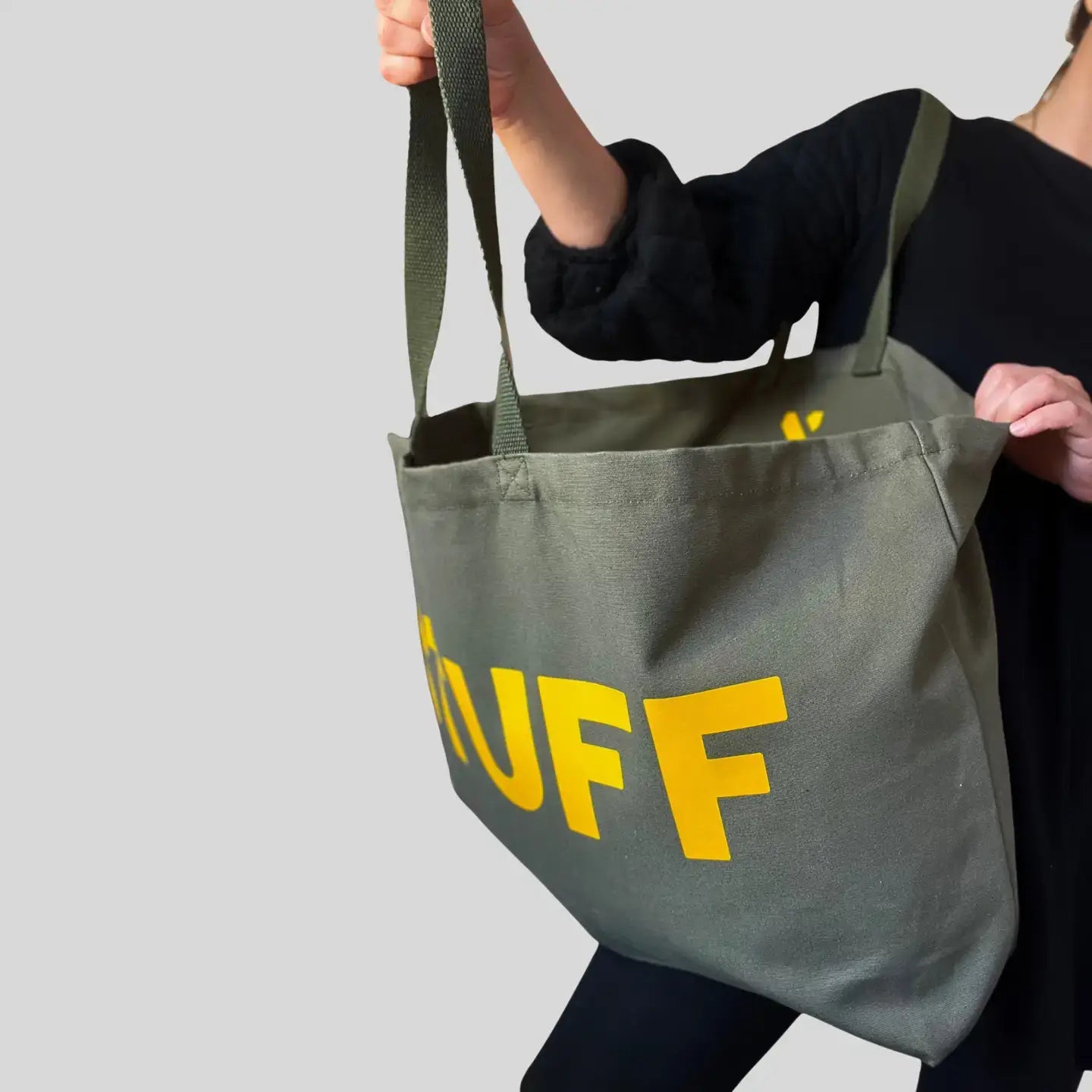 STUFF Olive Green with Yellow Writing Cotton Canvas Jumbo Bag - Cornish Gifts by Sandy Shores
