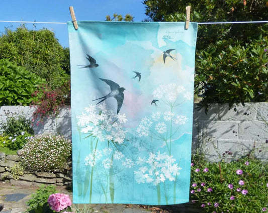Swallows Inspired Handmade Cotton Art Print Tea Towel - Cornish Gifts by Sandy Shores