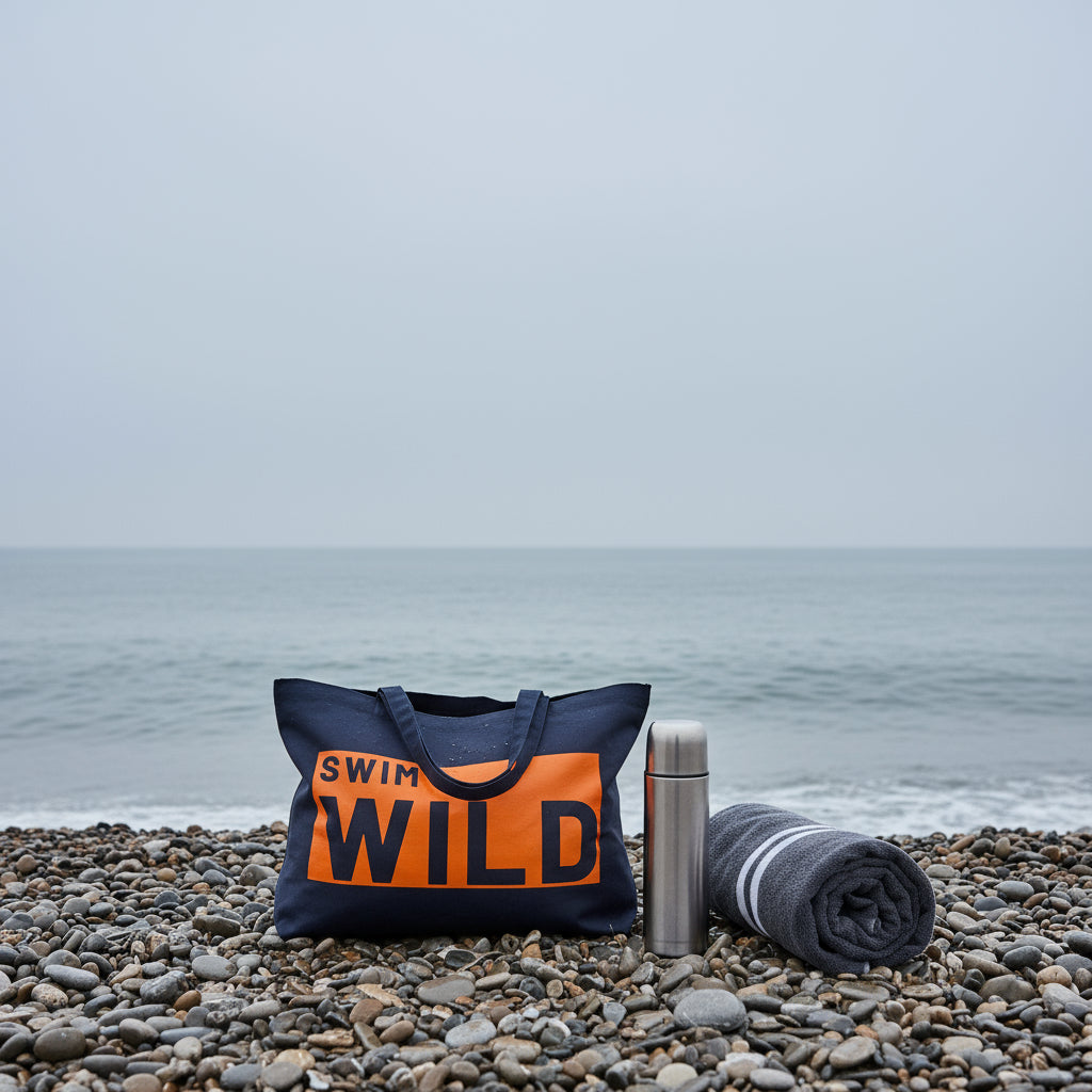 Wild Swim Navy Blue & Neon Orange Cotton Canvas Jumbo Bag - Cornish Gifts by Sandy Shores