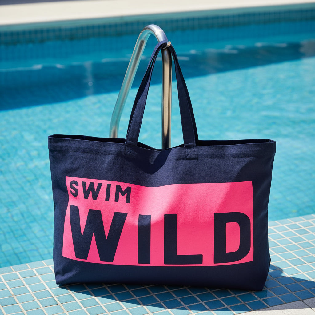 Wild Swim Navy Blue & Neon Pink Cotton Canvas Jumbo Bag - Cornish Gifts by Sandy Shores