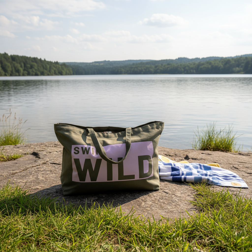 Wild Swim Olive Green & Pink Cotton Canvas Jumbo Bag - Cornish Gifts by Sandy Shores