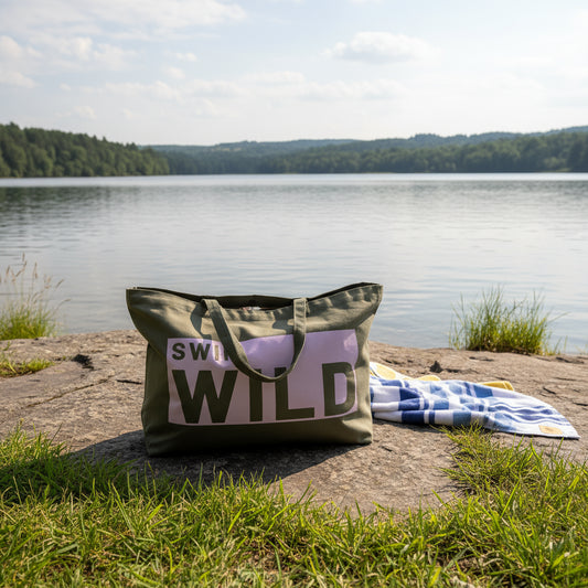 Wild Swim Olive Green & Pink Cotton Canvas Jumbo Bag - Cornish Gifts by Sandy Shores