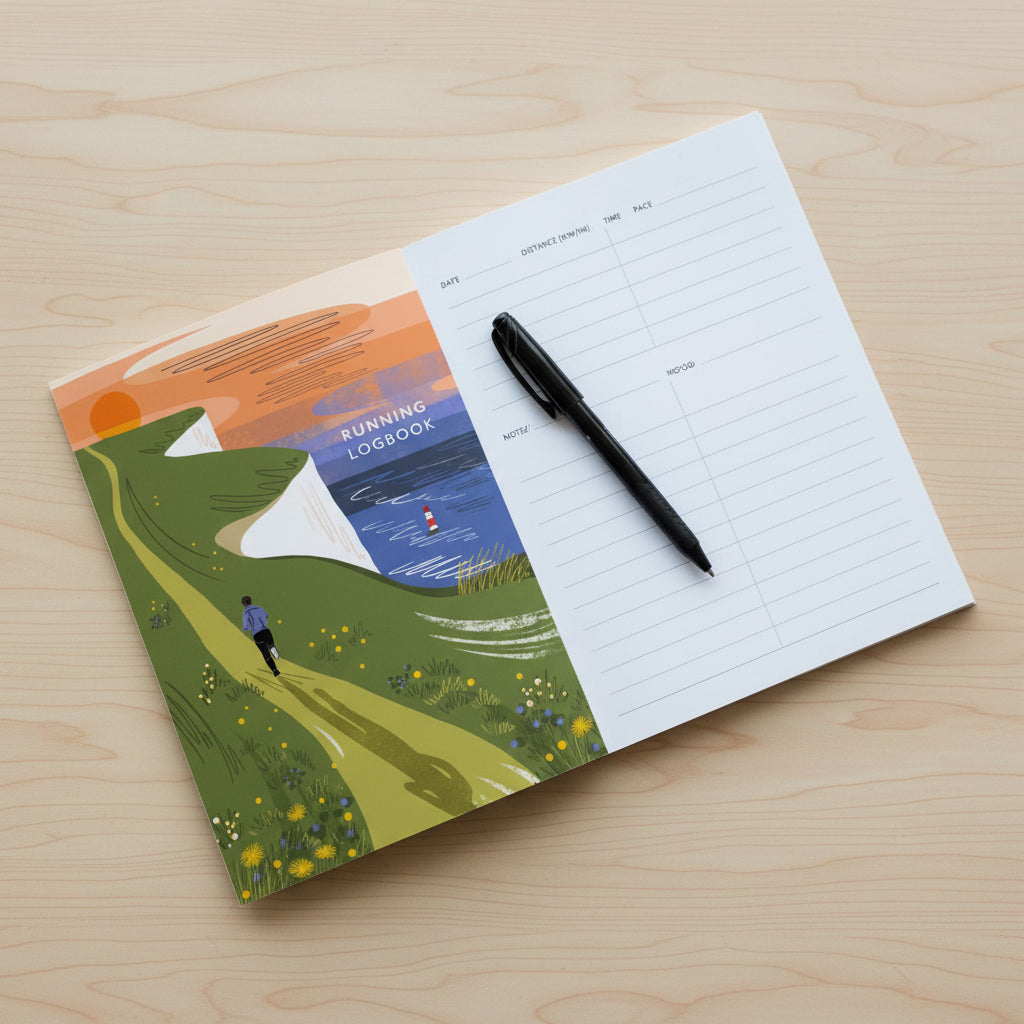 Running logbook cover with a scenic illustration of a person running on a path with a lighthouse in the background.