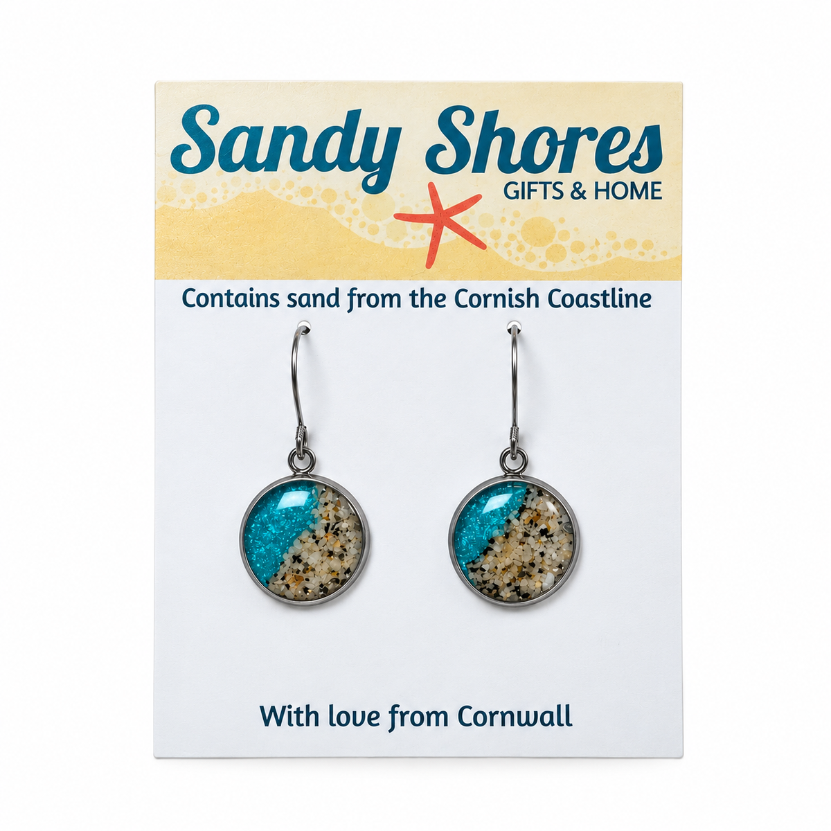 Coastal Themed Stainless Steel Round Drop Earrings - Contains Sand From A Cornish Beach