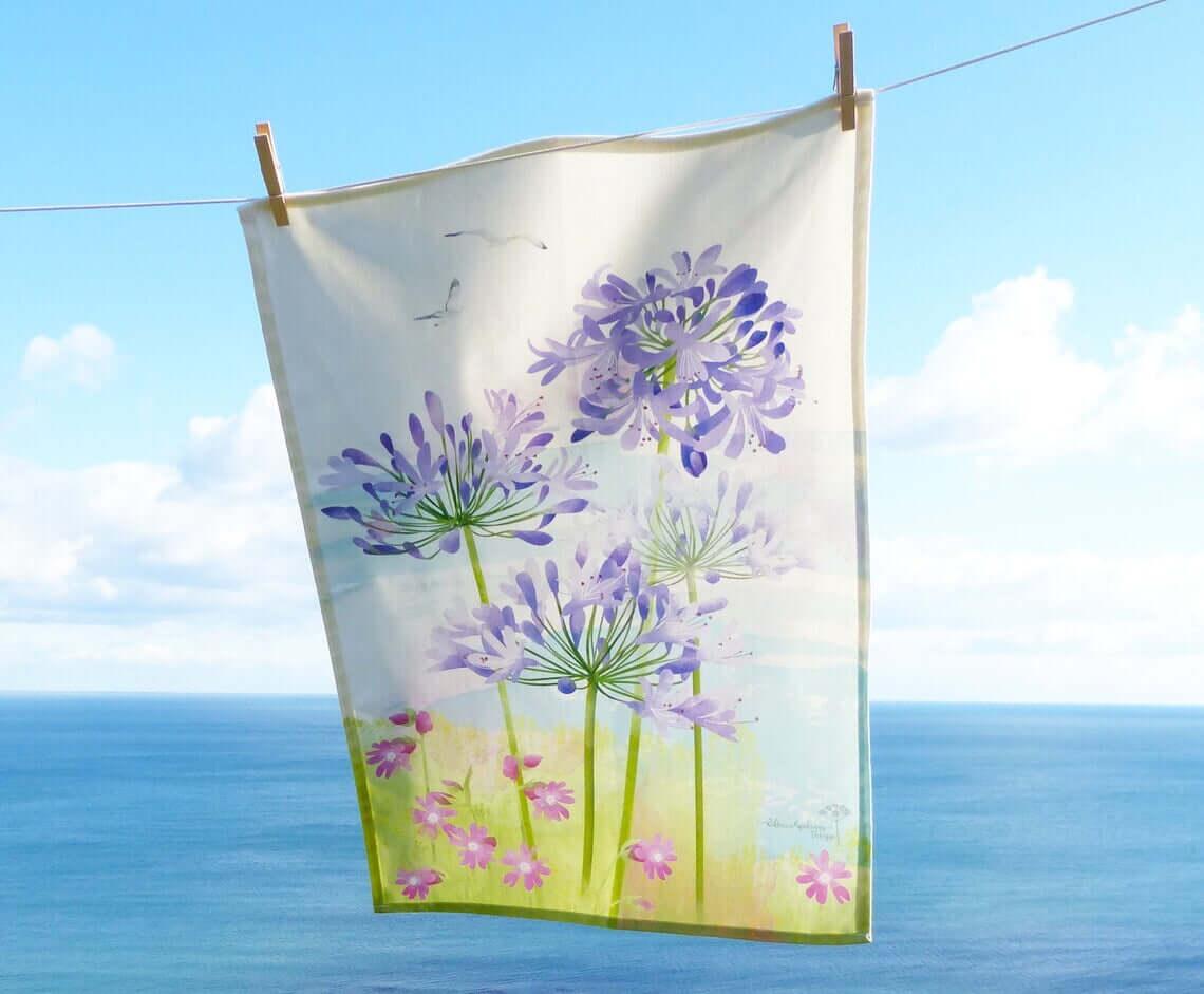 Agapanthus Inspired Art Print Handmade in Cornwall Tea Towel - Cornish Gifts by Sandy Shores