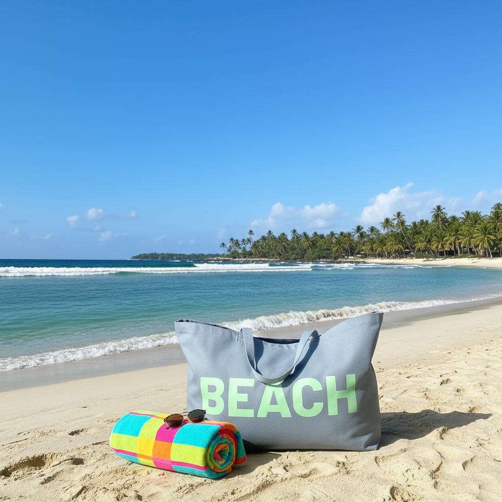 Jumbo beach bag sat on a beach with a towel rolled up next to it