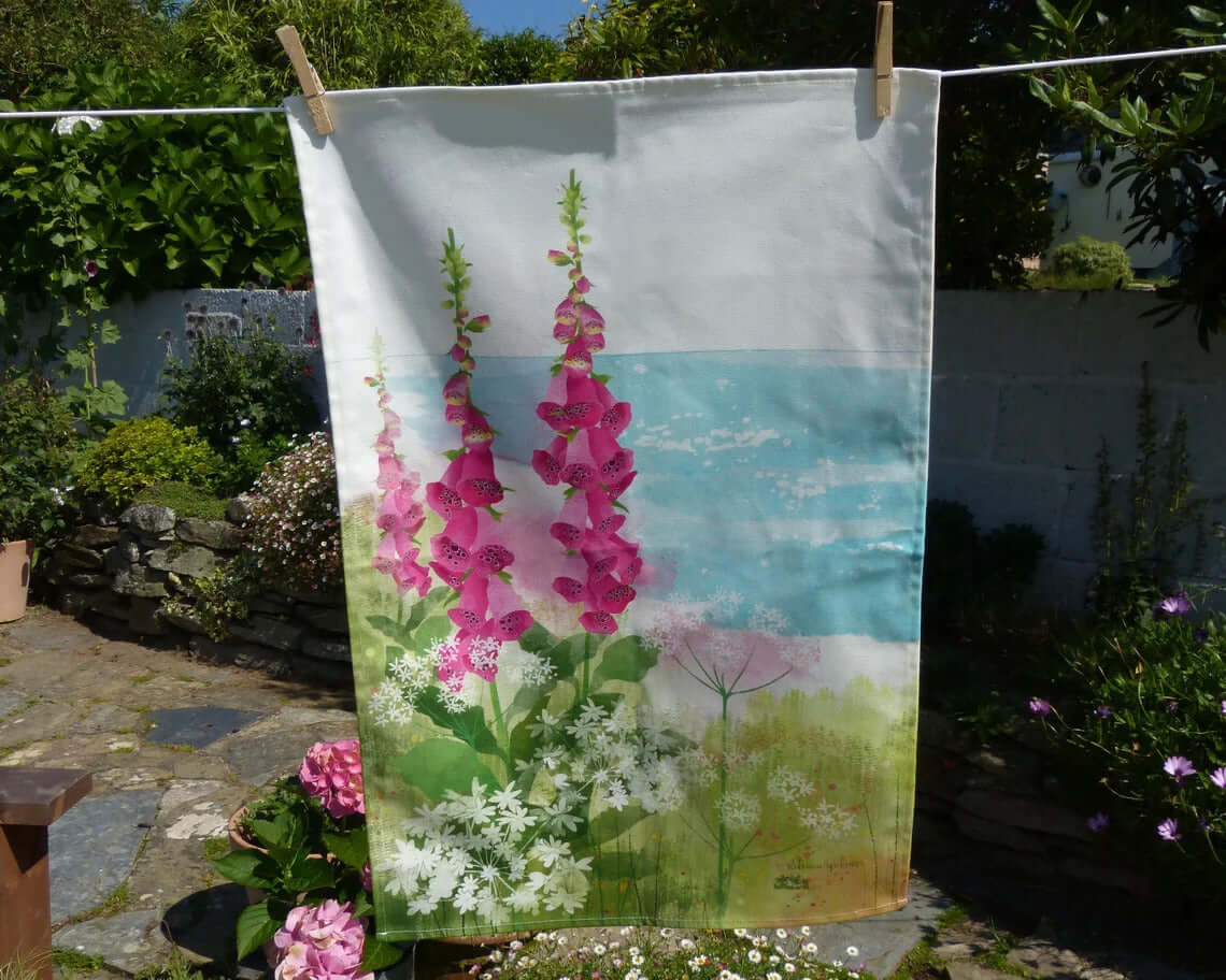 Foxgloves Inspired Art Print Tea Towel By Rebecca Spikings - Sandy Shores Gift and Home