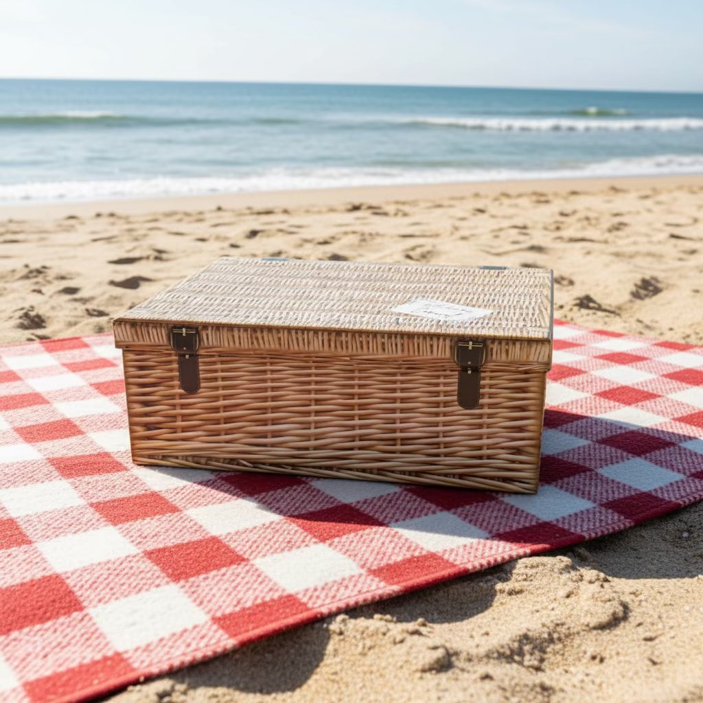 Wicker basket with a label on a picnic blanket on a beach