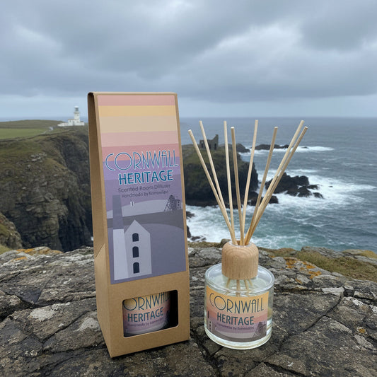 Cornwall Heritage diffuser set with packaging on a rocky coastal background