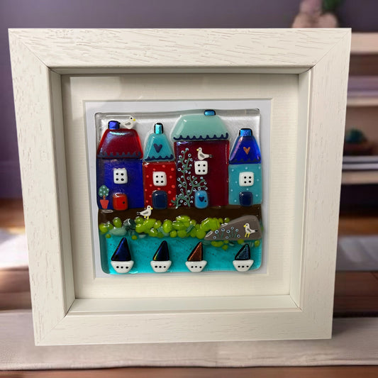 Cornish Harbourside Handmade Fused Glass Square Picture