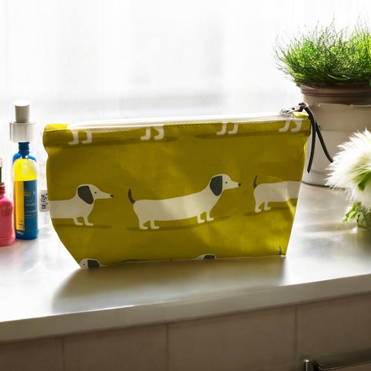 Sausage Dog Mustard Yellow Oil Cloth Handmade Wash Bag - Cornish Gifts by Sandy Shores