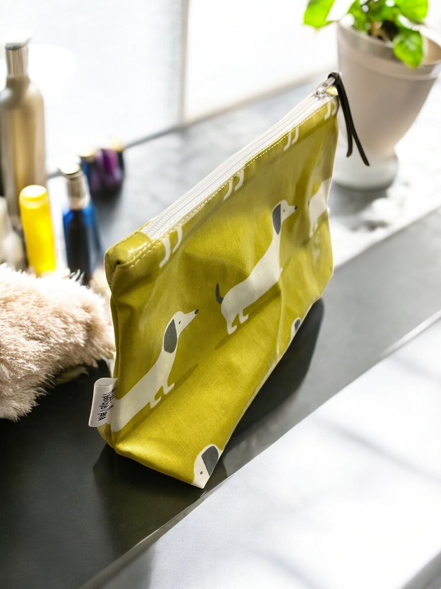 Sausage Dog Mustard Yellow Oil Cloth Handmade Wash Bag - Cornish Gifts by Sandy Shores