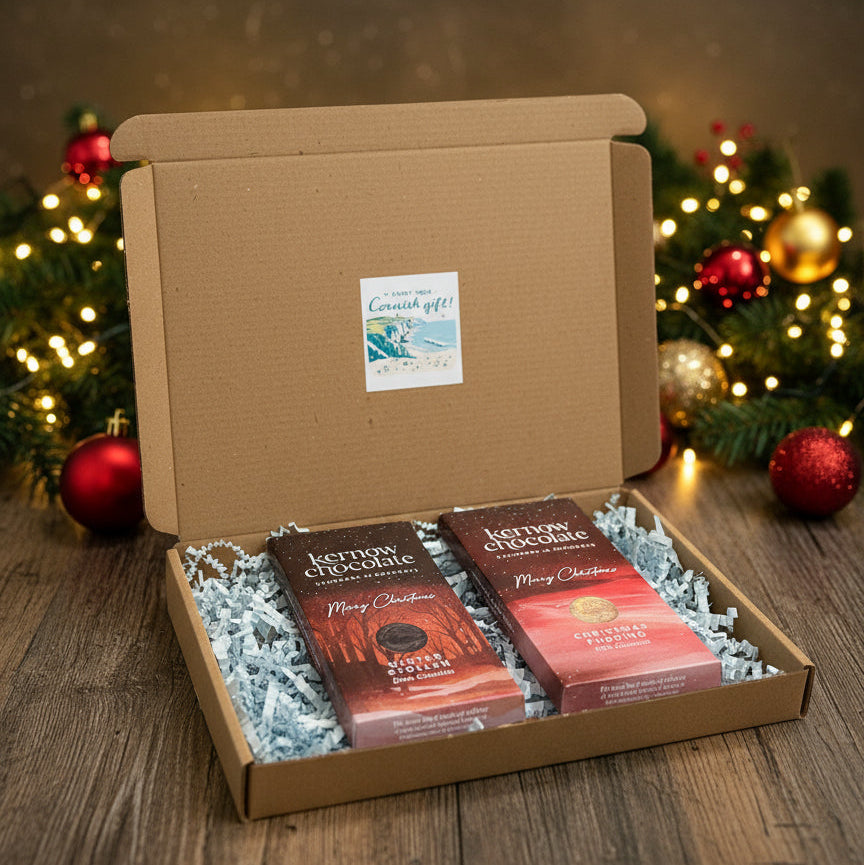 Two Kernow Chocolate bars in a cardboard box with a visible brand label.