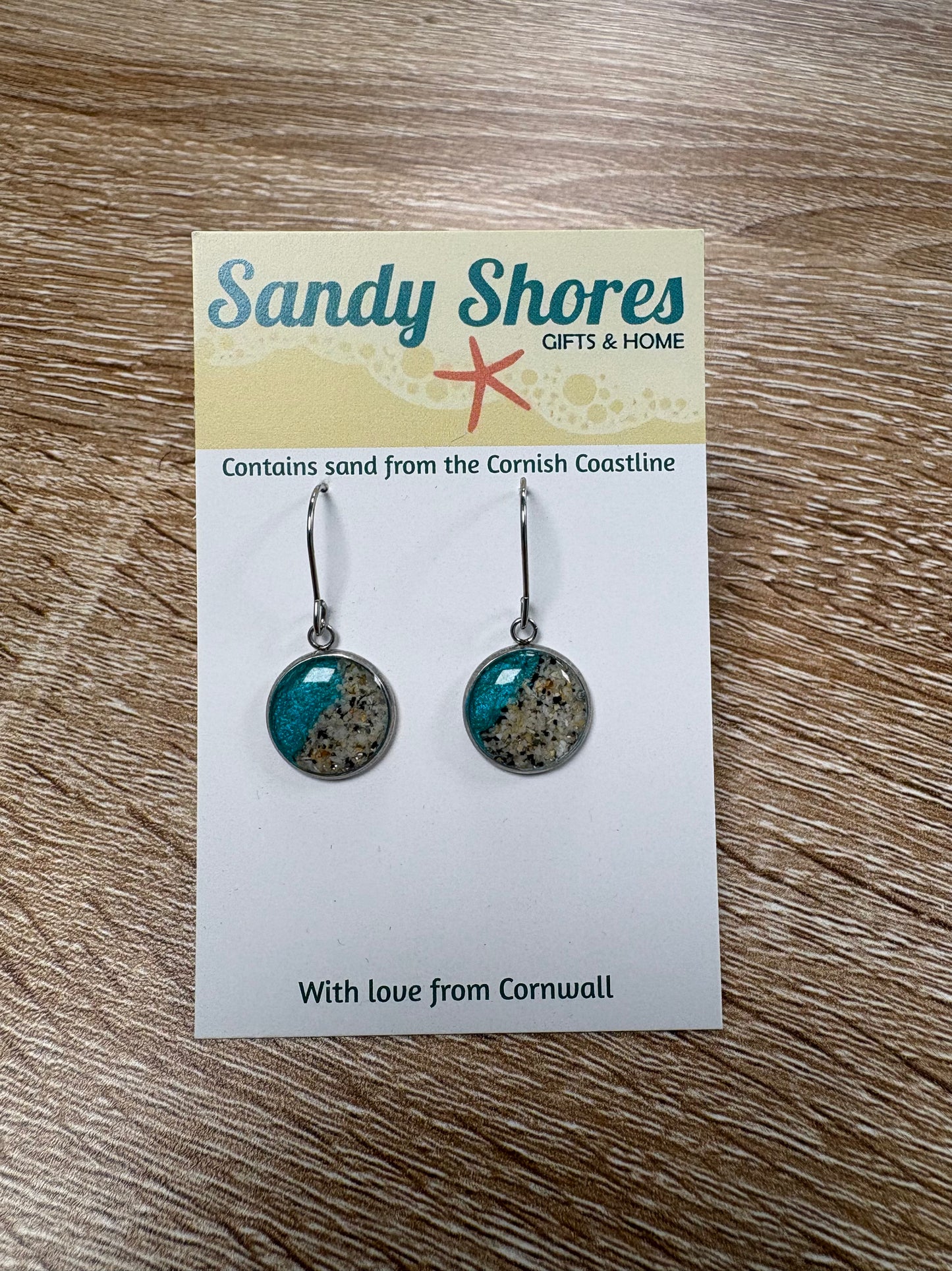 Coastal Themed Stainless Steel Round Drop Earrings - Contains Sand From A Cornish Beach