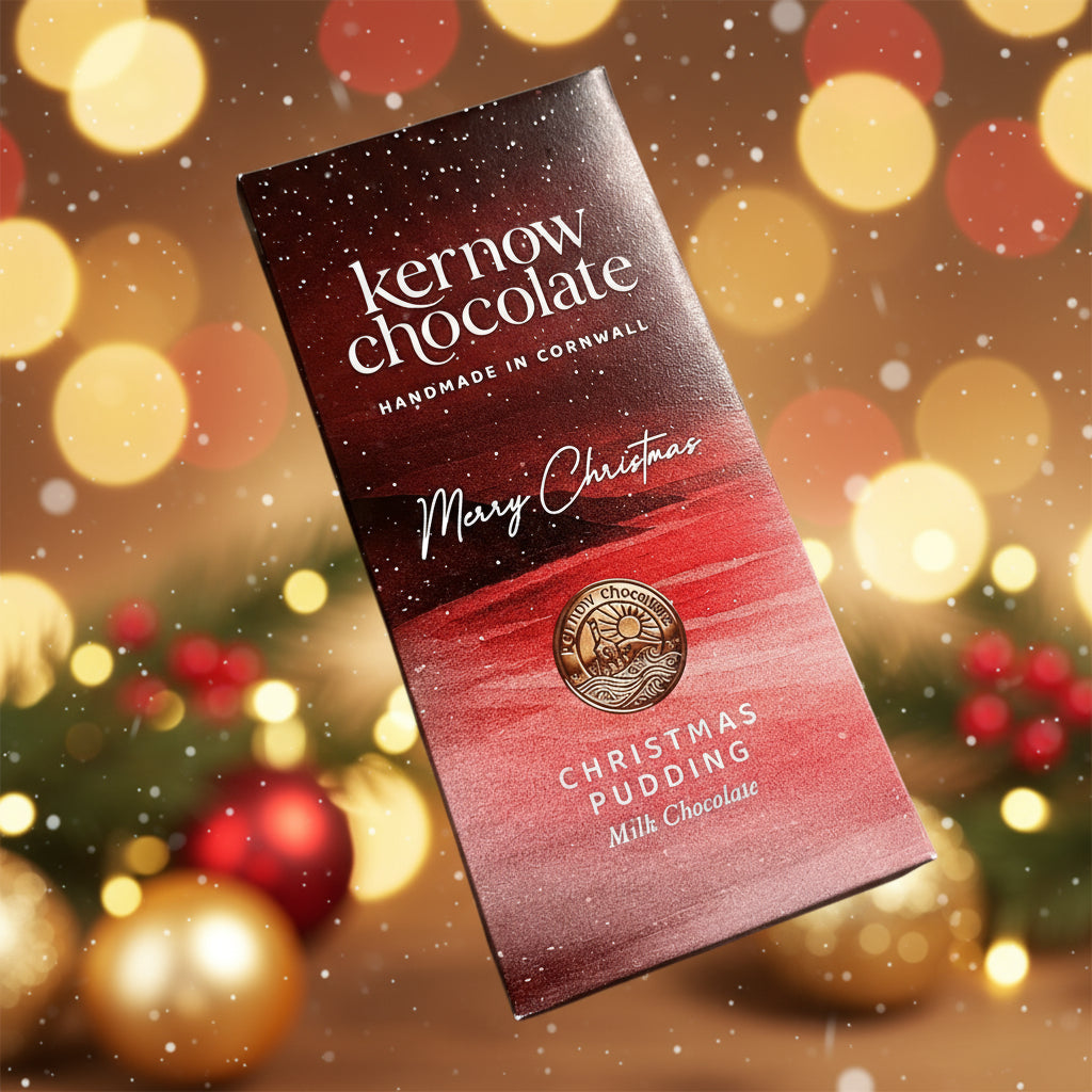 Kernow Chocolate Christmas Pudding milk chocolate bar packaging on a white background