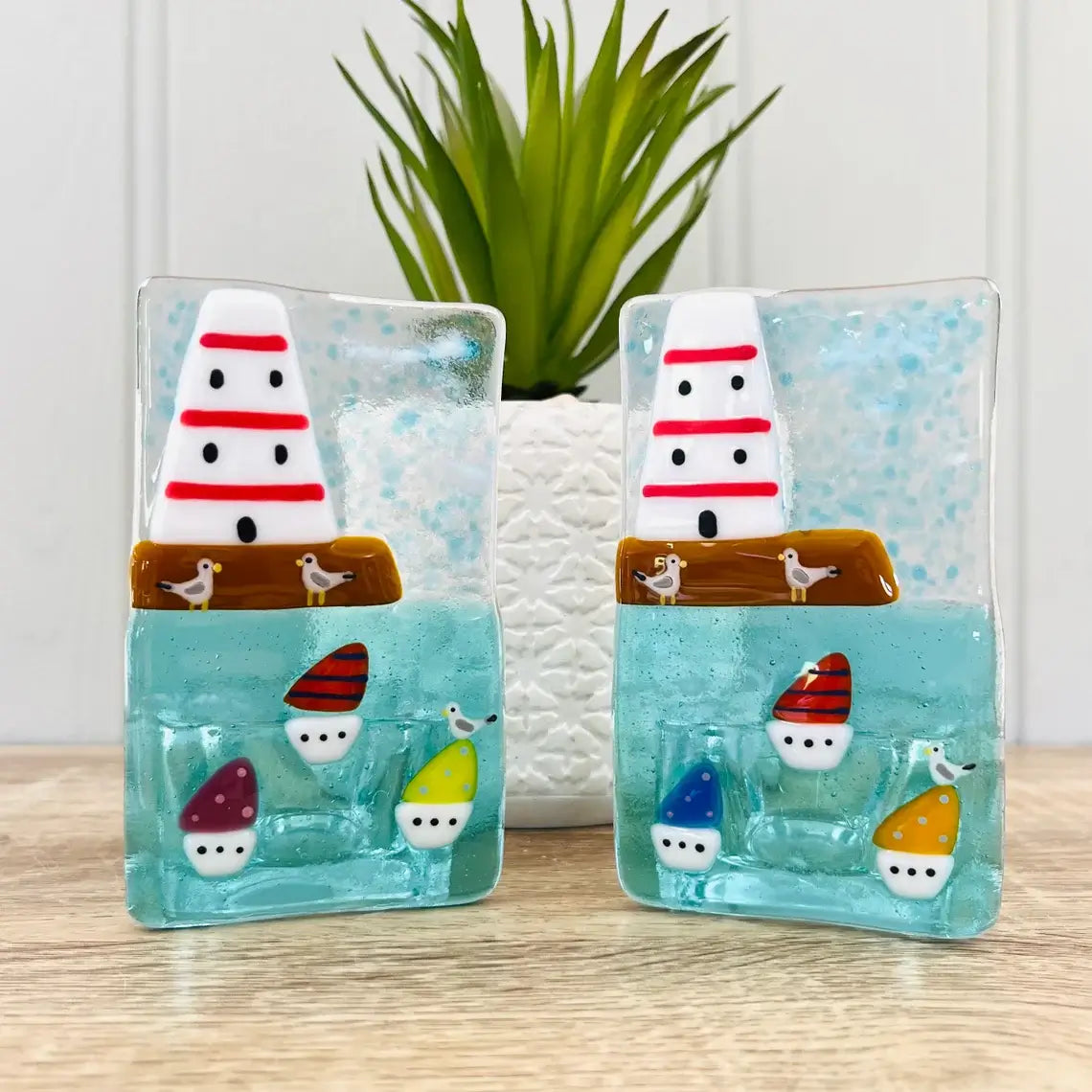 Lighthouse and Sailing Boats Handmade Fused Glass Tealight Candle Holder - Sandy Shores Gift and Home