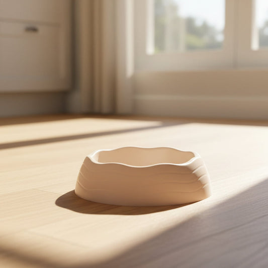 White recycled plastic bowl on a kitchen floor