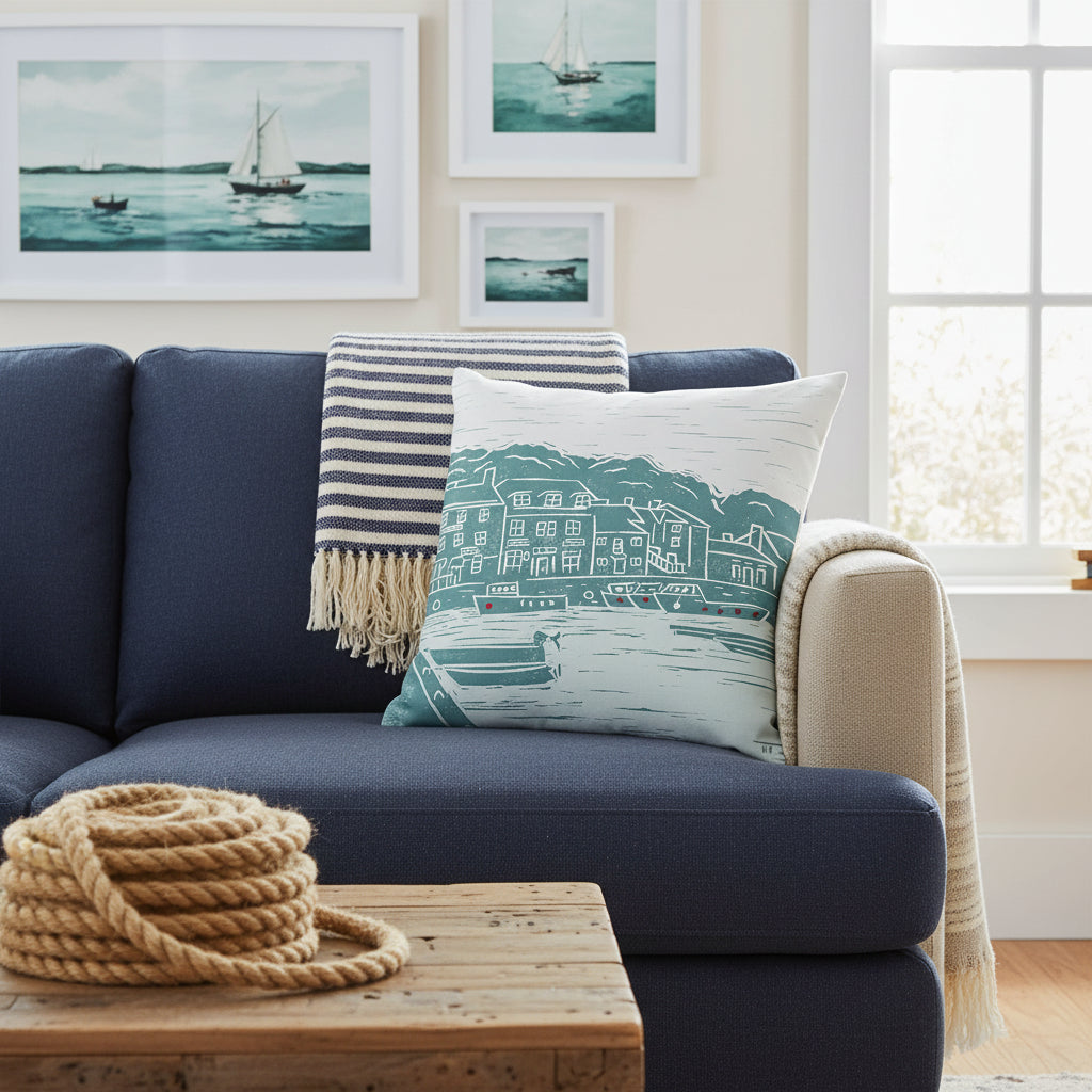 A square throw pillow featuring a stylized teal and white block-print illustration of a coastal town with boats and cottages, shown against a plain white background.