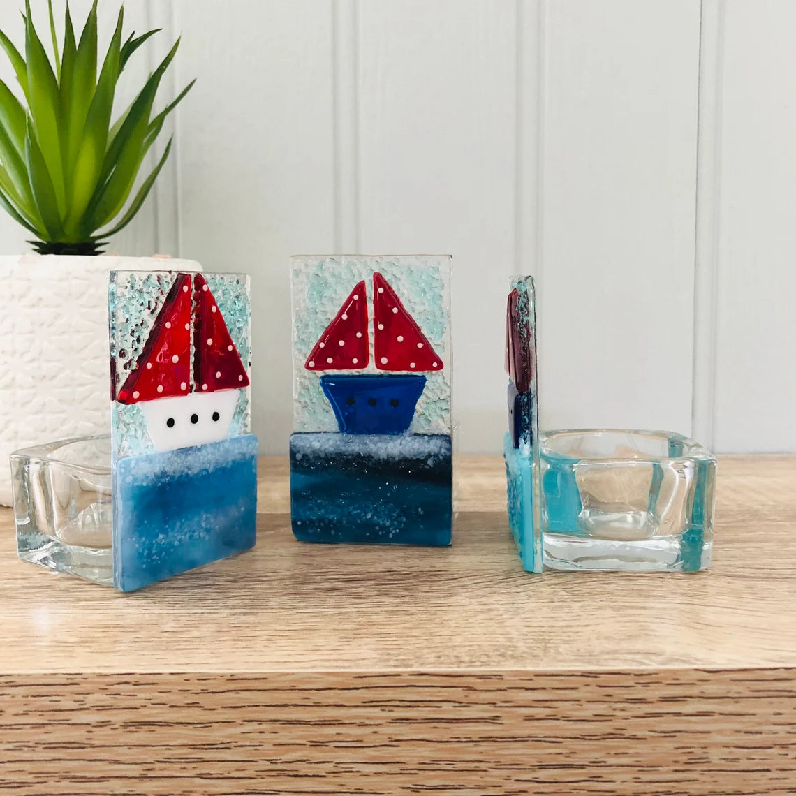 Sailing Boats Handmade Fused Glass Tealight Candle Holder