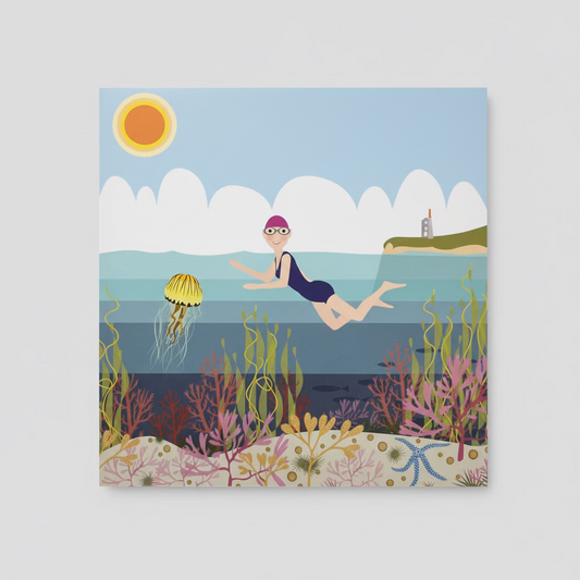 Illustration of a swimmer in the ocean with a jellyfish and underwater plants on a wooden surface.