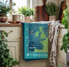Shipping forecast towel hanging in a kitchen
