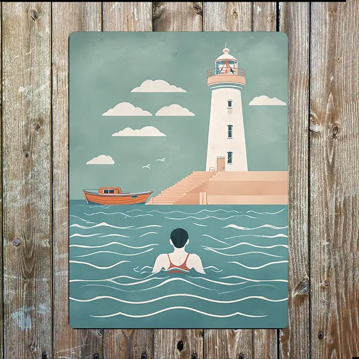 Swim Wild Metal Sign - Wild Swimmer With Lighthouse And Boat