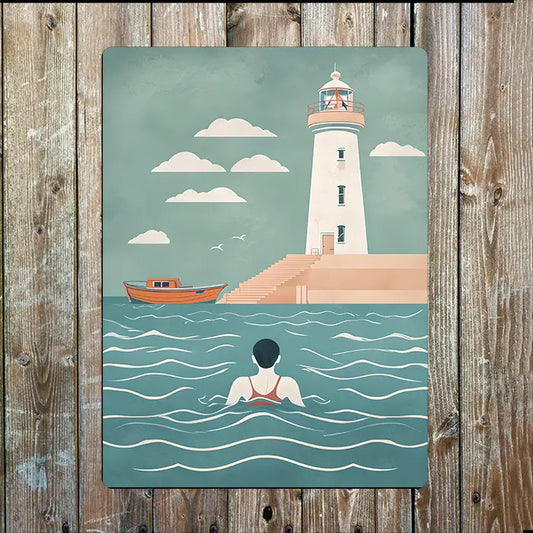 Swim Wild Metal Sign - Wild Swimmer With Lighthouse And Boat