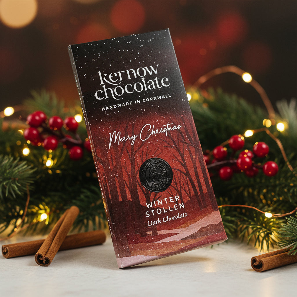 Kernow Chocolate winter stollen dark chocolate bar packaging on a white background