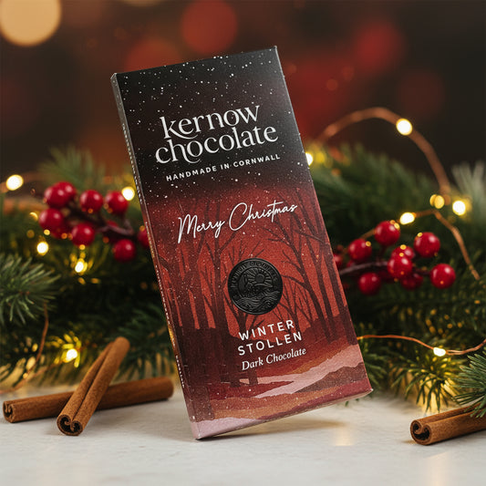 Kernow Chocolate winter stollen dark chocolate bar packaging on a white background