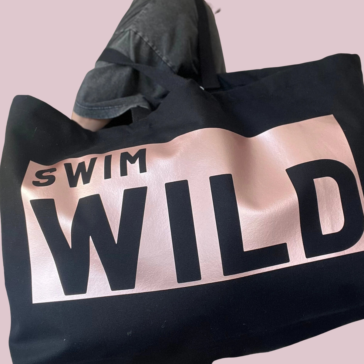 Swim Wild Black & Rose Gold Cotton Canvas Jumbo Bag
