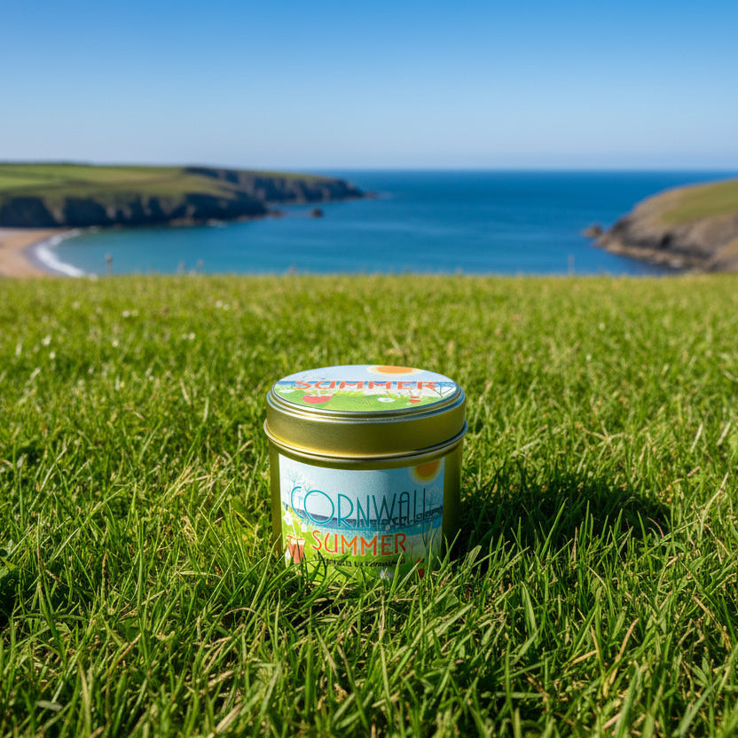 Candle in a metal tin in a grassy field with the coast behind