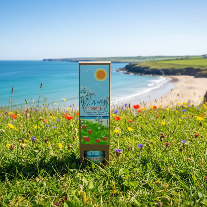 Scenic view of a beach and ocean with a Cornwall summer reed diffuser in the foreground on a grassy field.