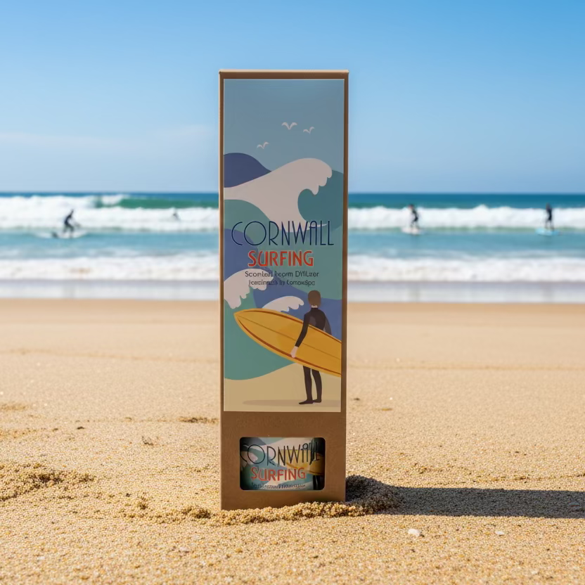 Cornwall surfing reed diffuser sitting on a sandy beach with waves and surfers behind it