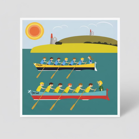 Illustration of two gig rowing boats on a card with a scenic background