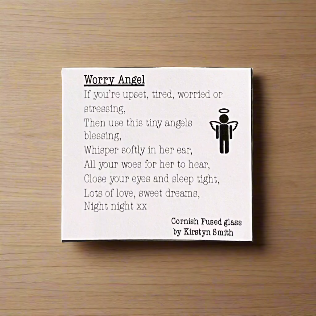 Handmade Fused Glass Worry Angel with Poem - Orange with dots and heart - Cornish Gifts by Sandy Shores