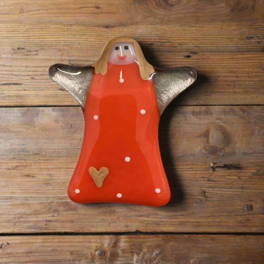 Handmade Fused Glass Worry Angel with Poem - Orange with dots and heart - Cornish Gifts by Sandy Shores