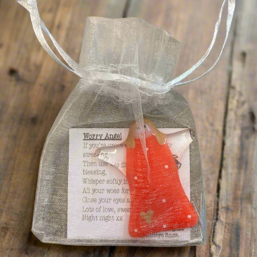 Handmade Fused Glass Worry Angel with Poem - Orange with dots and heart - Cornish Gifts by Sandy Shores