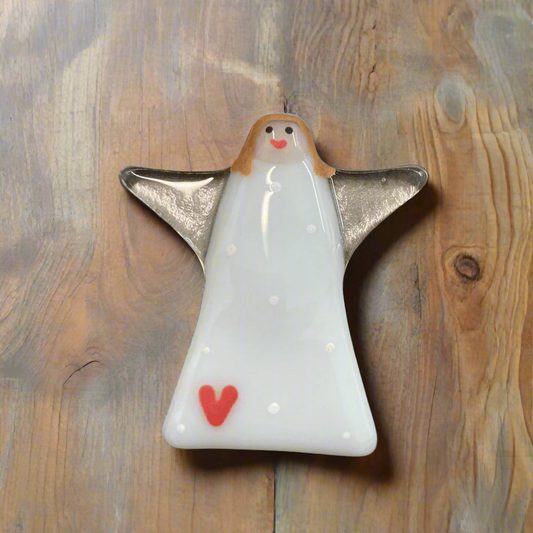 Handmade Fused Glass Worry Angel with Poem - White with Red Heart - Cornish Gifts by Sandy Shores