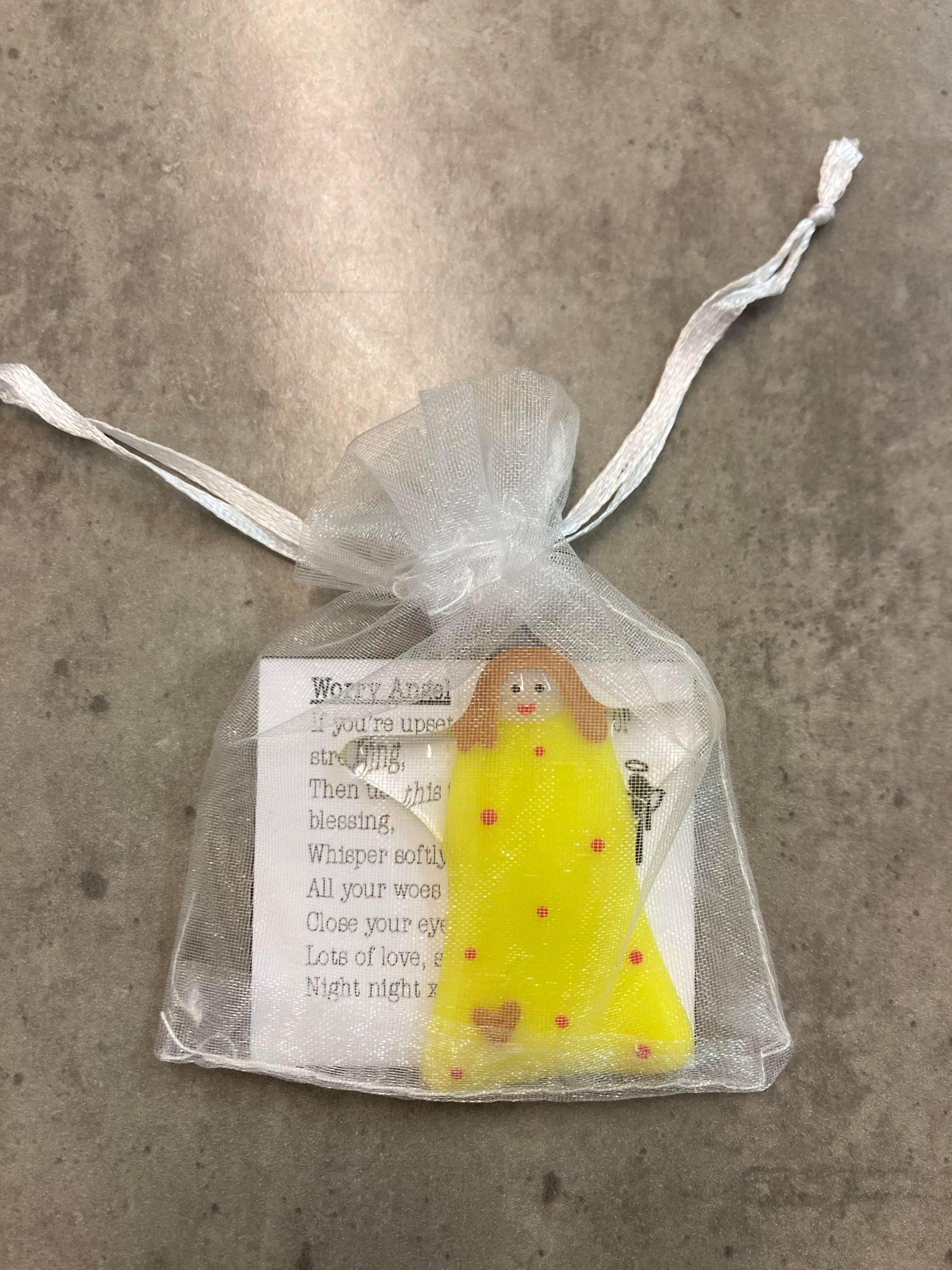 Handmade Fused Glass Worry Angel with Poem - Yellow with dots and heart - Cornish Gifts by Sandy Shores